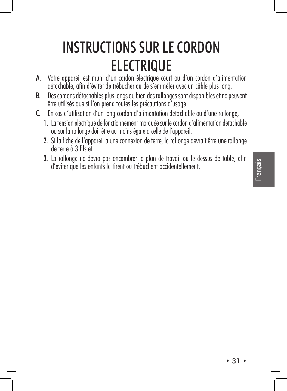 Instructions sur le cordon electrique | Philips Saeco Aroma Siebträger-Espressomaschine User Manual | Page 31 / 72