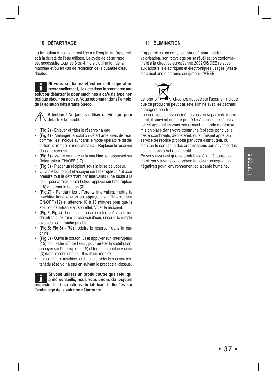 Français | Philips Saeco Aroma Siebträger-Espressomaschine User Manual | Page 37 / 72