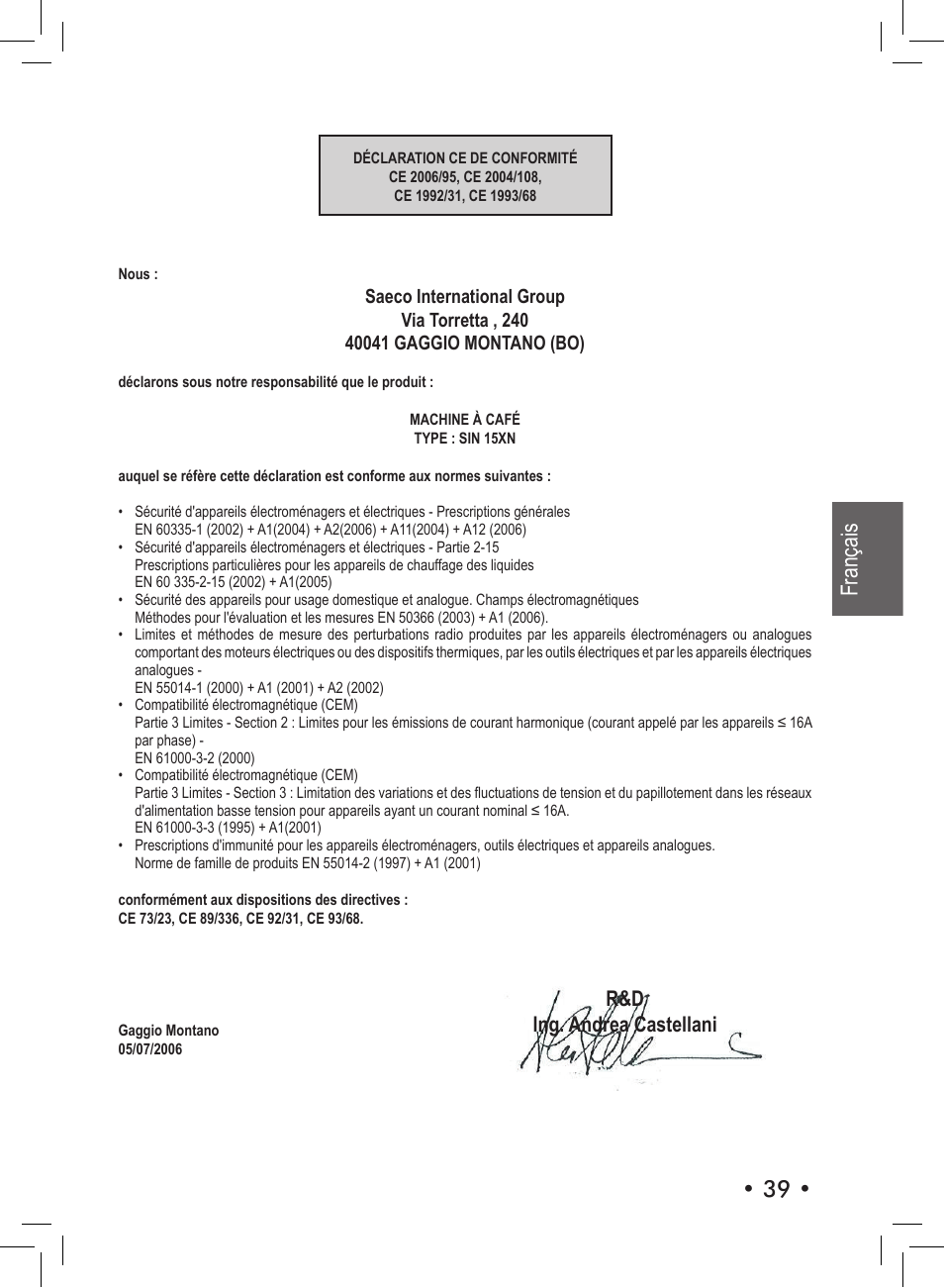 Français, R&d ing. andrea castellani | Philips Saeco Aroma Siebträger-Espressomaschine User Manual | Page 39 / 72