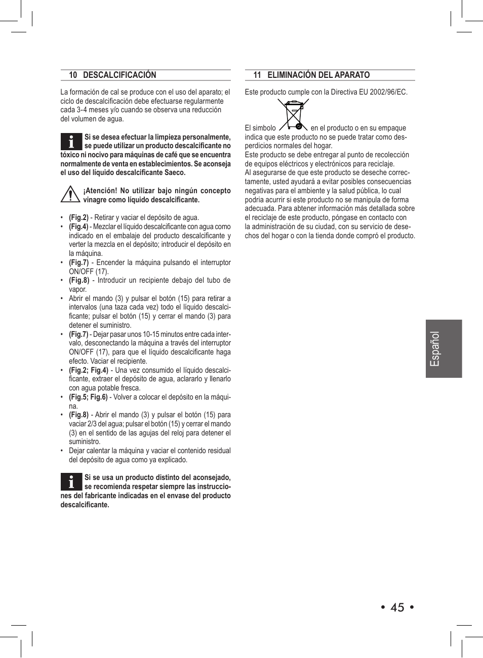 Español | Philips Saeco Aroma Siebträger-Espressomaschine User Manual | Page 45 / 72