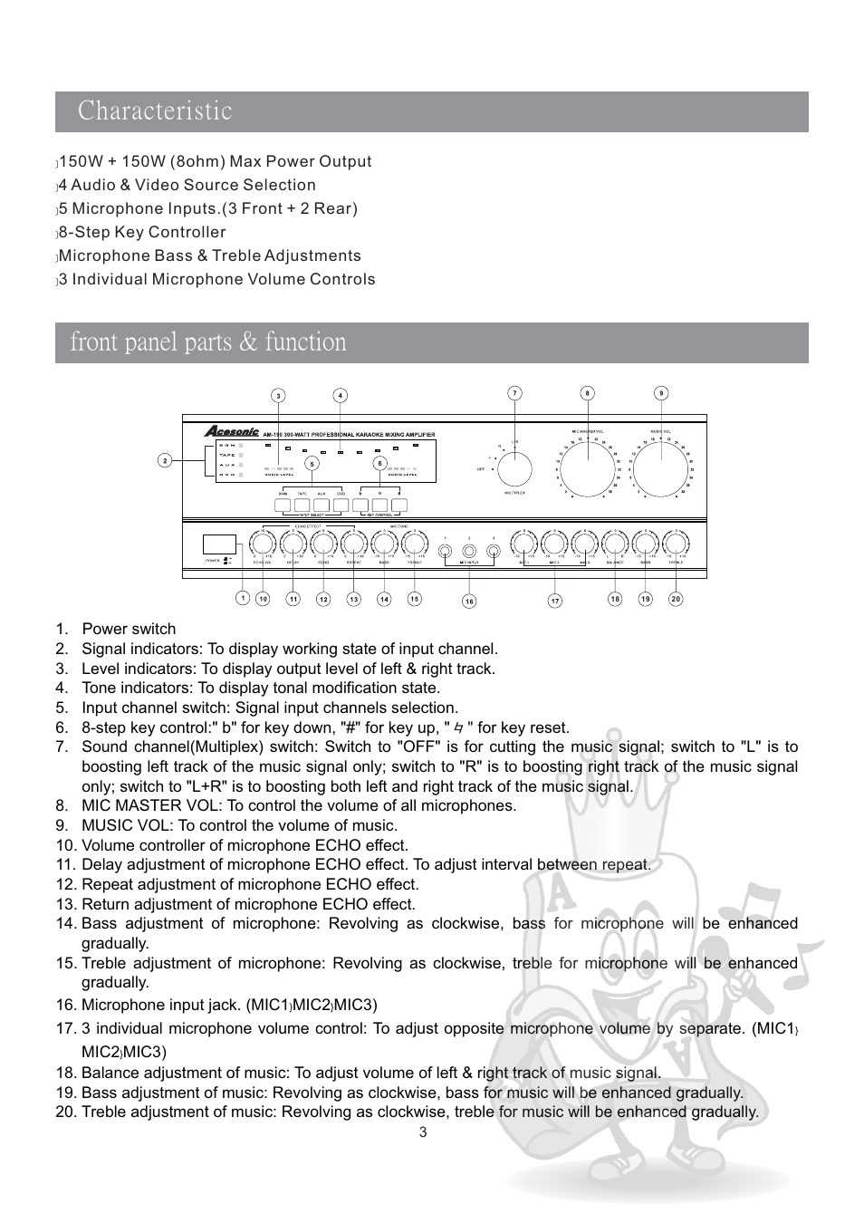 Front panel parts & function characteristic | Acesonic AM-190 User Manual | Page 4 / 8