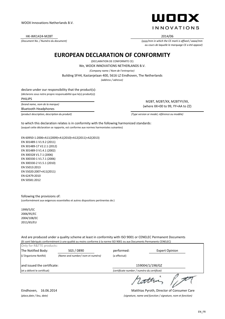 European declaration of conformity | Philips Fidelio Kabellose Bluetooth-Kopfhörer User Manual | Page 2 / 21