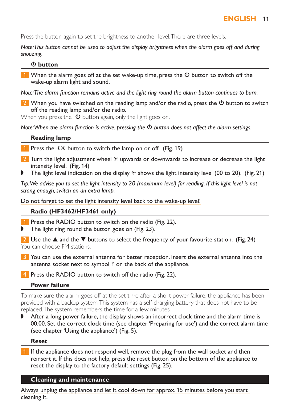 3 button, Reading lamp, Radio (hf3462/hf3461 only) | Power failure, Reset, Cleaning and maintenance | Philips Wake-up Light User Manual | Page 11 / 52