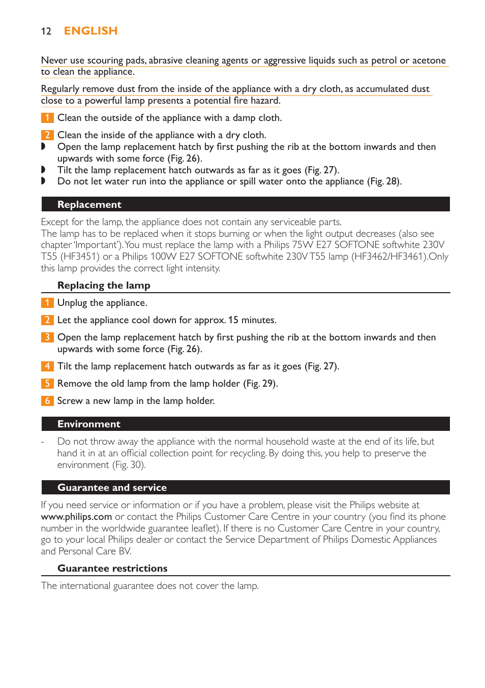 Replacement, Replacing the lamp, Environment | Guarantee and service, Guarantee restrictions, Specifications | Philips Wake-up Light User Manual | Page 12 / 52