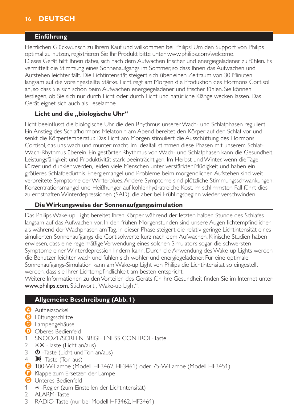 Deutsch, Einführung, Licht und die „biologische uhr | Die wirkungsweise der sonnenaufgangssimulation, Allgemeine beschreibung (abb. 1) | Philips Wake-up Light User Manual | Page 16 / 52