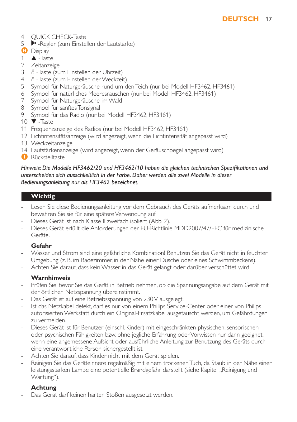 Gefahr, Warnhinweis, Achtung | Wichtig | Philips Wake-up Light User Manual | Page 17 / 52