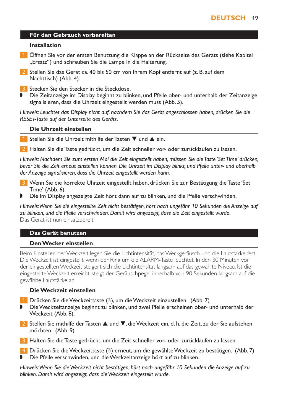 Für den gebrauch vorbereiten, Installation, Die uhrzeit einstellen | Das gerät benutzen, Den wecker einstellen, Die weckzeit einstellen | Philips Wake-up Light User Manual | Page 19 / 52