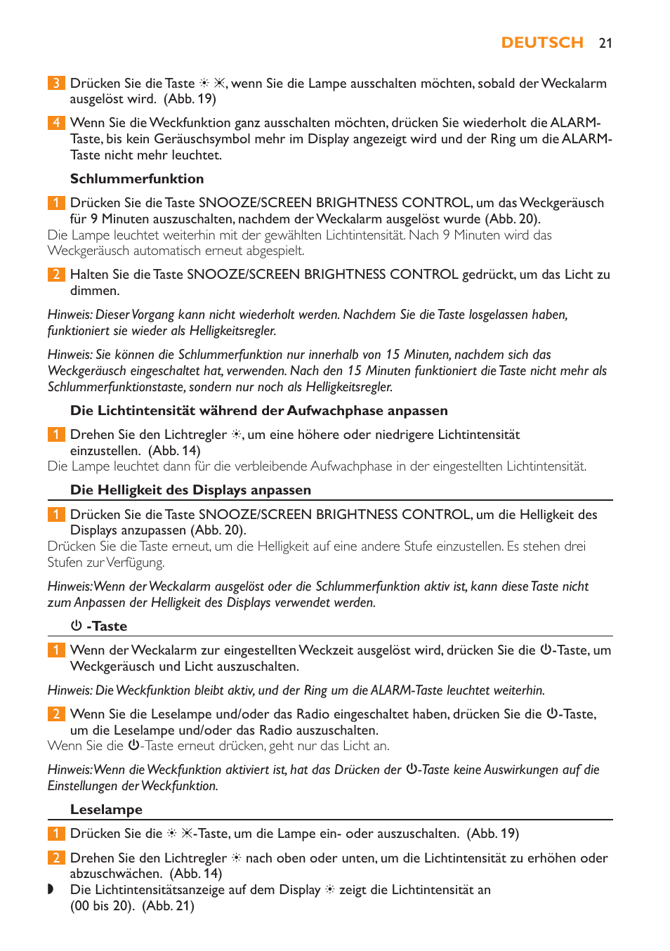 Schlummerfunktion, Die helligkeit des displays anpassen, 3 -taste | Leselampe | Philips Wake-up Light User Manual | Page 21 / 52