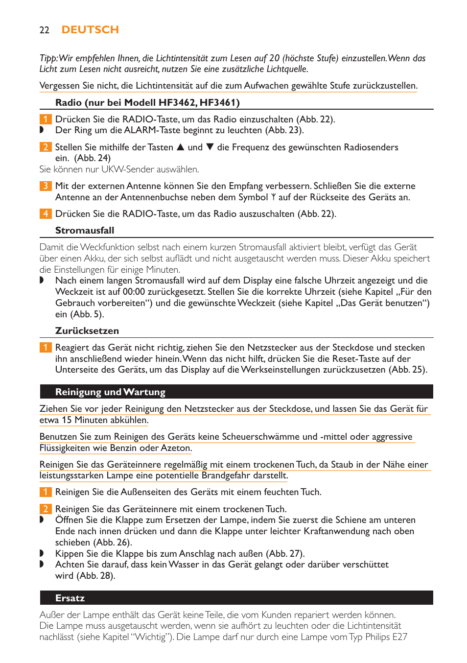 Radio (nur bei modell hf3462, hf3461), Stromausfall, Zurücksetzen | Reinigung und wartung, Ersatz | Philips Wake-up Light User Manual | Page 22 / 52