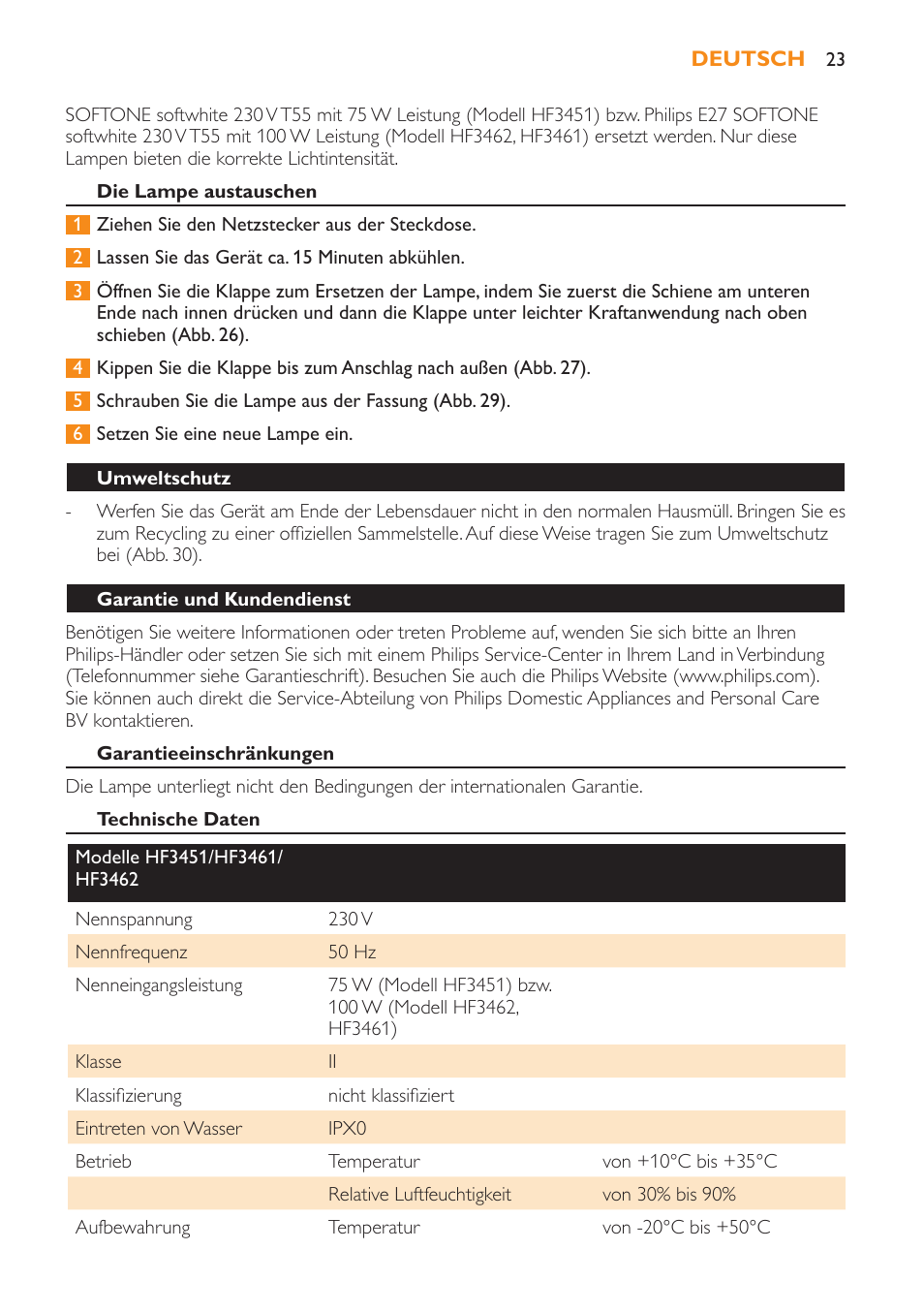 Die lampe austauschen, Umweltschutz, Garantie und kundendienst | Garantieeinschränkungen, Technische daten | Philips Wake-up Light User Manual | Page 23 / 52