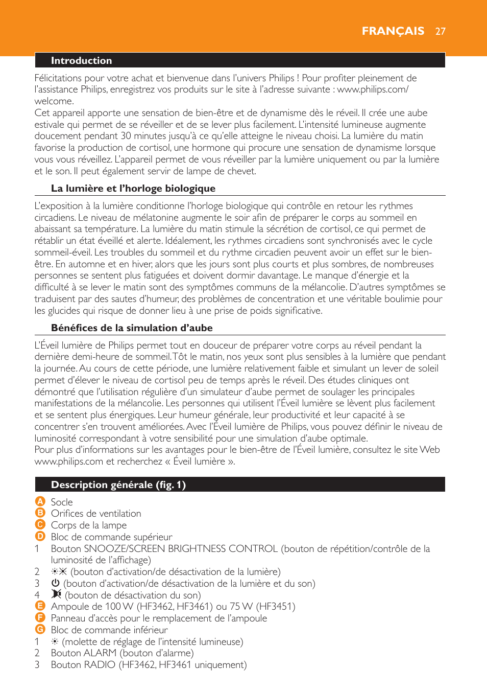 Français, Introduction, La lumière et l’horloge biologique | Bénéfices de la simulation d’aube, Description générale (fig. 1) | Philips Wake-up Light User Manual | Page 27 / 52