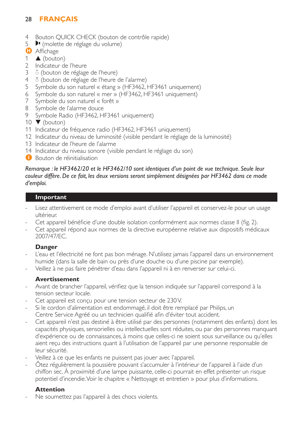 Danger, Avertissement, Attention | Important | Philips Wake-up Light User Manual | Page 28 / 52