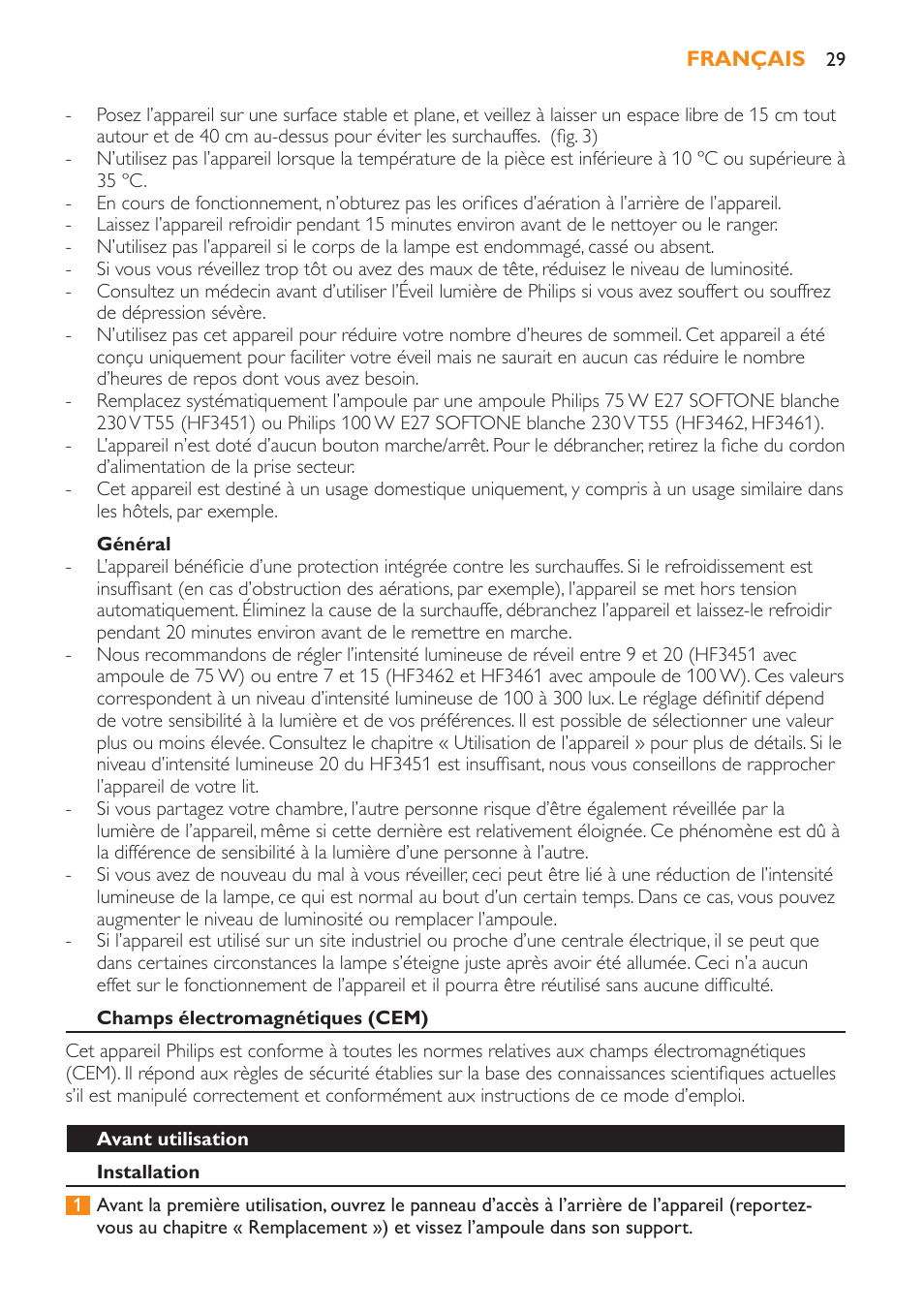 Général, Champs électromagnétiques (cem), Avant utilisation | Installation | Philips Wake-up Light User Manual | Page 29 / 52