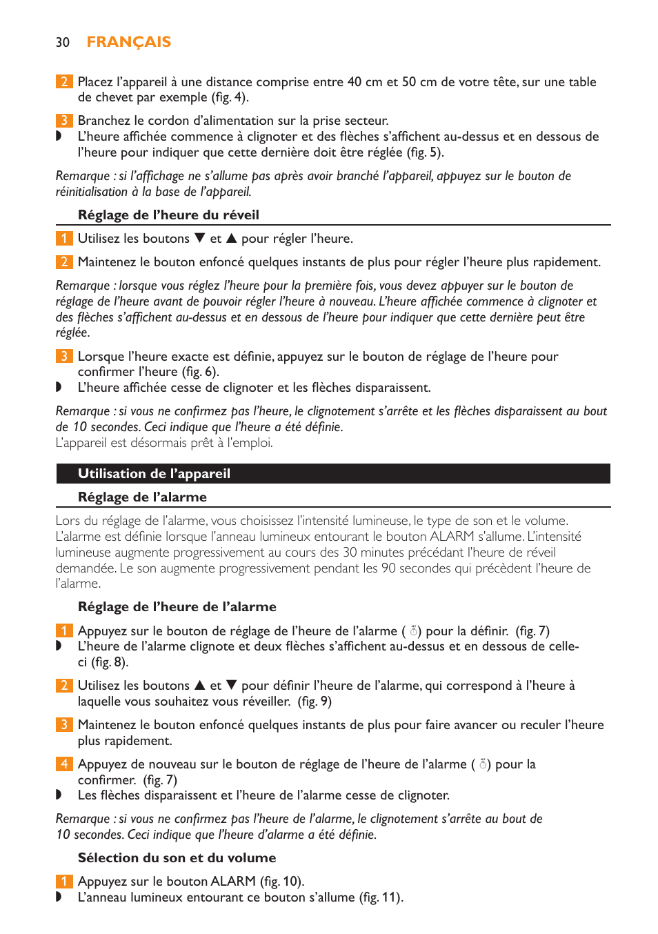 Réglage de l’heure du réveil, Utilisation de l’appareil, Réglage de l’alarme | Réglage de l’heure de l’alarme, Sélection du son et du volume | Philips Wake-up Light User Manual | Page 30 / 52