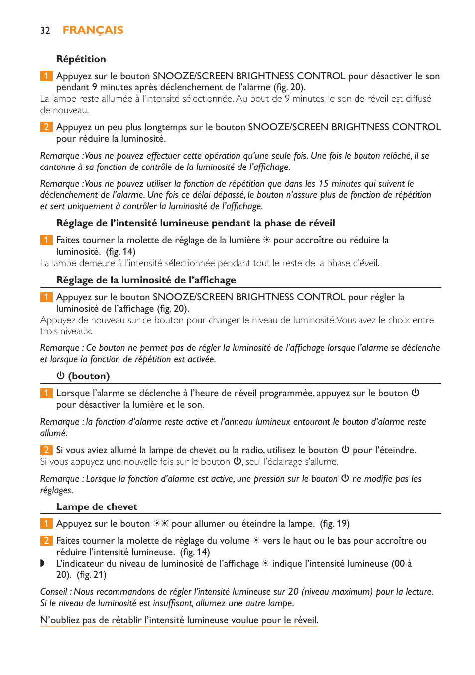 Répétition, Réglage de la luminosité de l’affichage, 3 (bouton) | Lampe de chevet | Philips Wake-up Light User Manual | Page 32 / 52