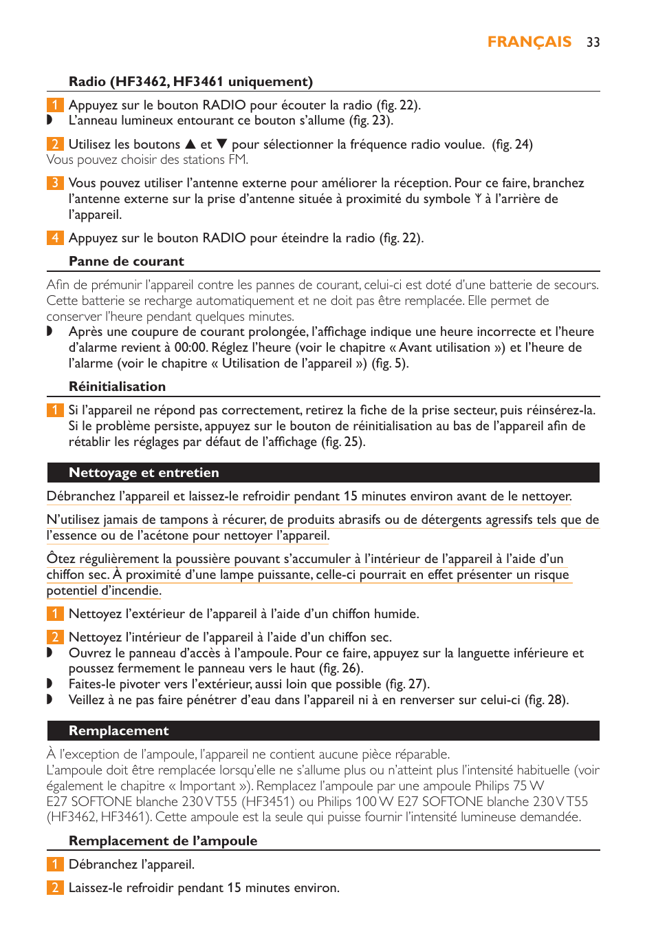 Radio (hf3462, hf3461 uniquement), Panne de courant, Réinitialisation | Nettoyage et entretien, Remplacement, Remplacement de l’ampoule | Philips Wake-up Light User Manual | Page 33 / 52