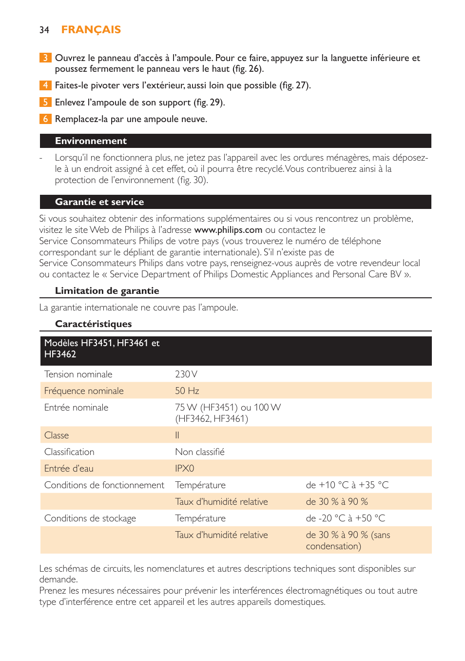 Environnement, Garantie et service, Limitation de garantie | Caractéristiques | Philips Wake-up Light User Manual | Page 34 / 52