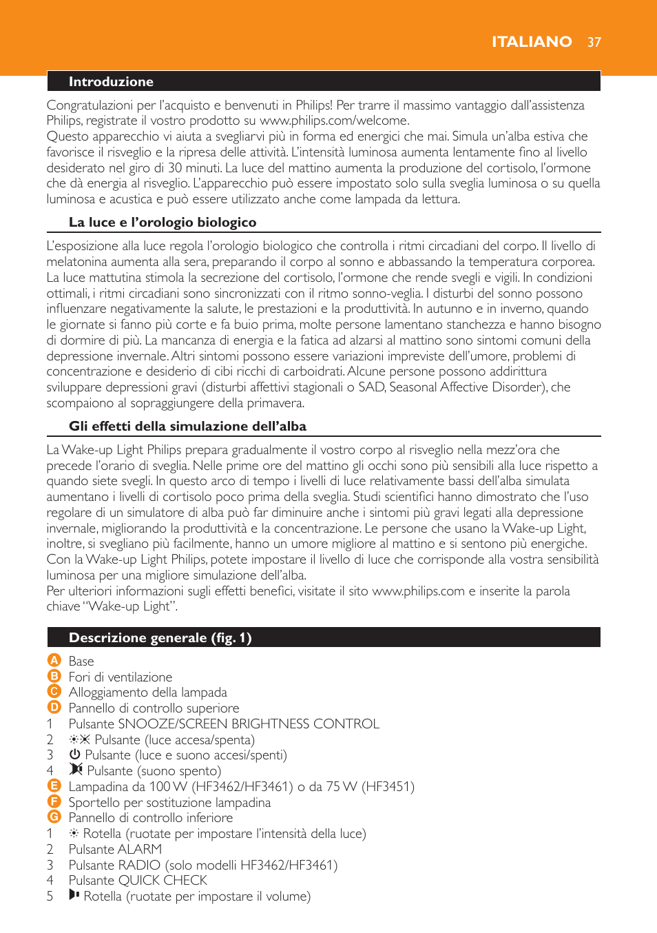 Italiano, Introduzione, La luce e l’orologio biologico | Gli effetti della simulazione dell’alba, Descrizione generale (fig. 1) | Philips Wake-up Light User Manual | Page 37 / 52