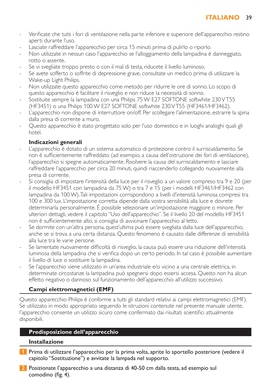 Indicazioni generali, Campi elettromagnetici (emf), Predisposizione dell’apparecchio | Installazione | Philips Wake-up Light User Manual | Page 39 / 52