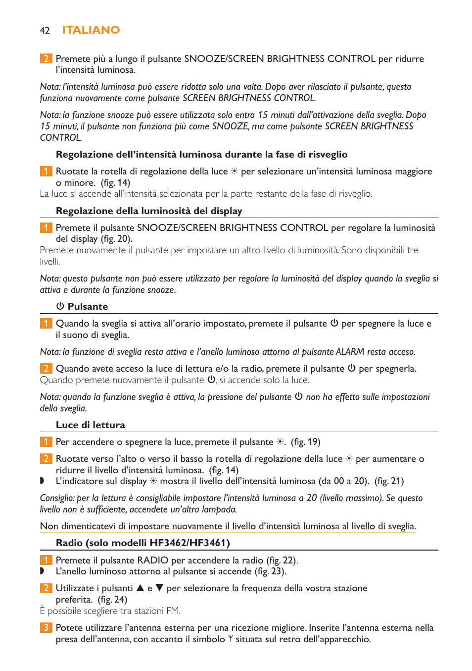 Regolazione della luminosità del display, 3 pulsante, Luce di lettura | Radio (solo modelli hf3462/hf3461) | Philips Wake-up Light User Manual | Page 42 / 52