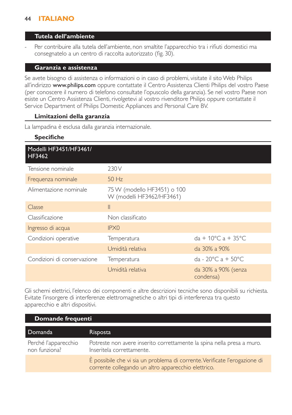 Tutela dell’ambiente, Garanzia e assistenza, Limitazioni della garanzia | Specifiche, Domande frequenti | Philips Wake-up Light User Manual | Page 44 / 52