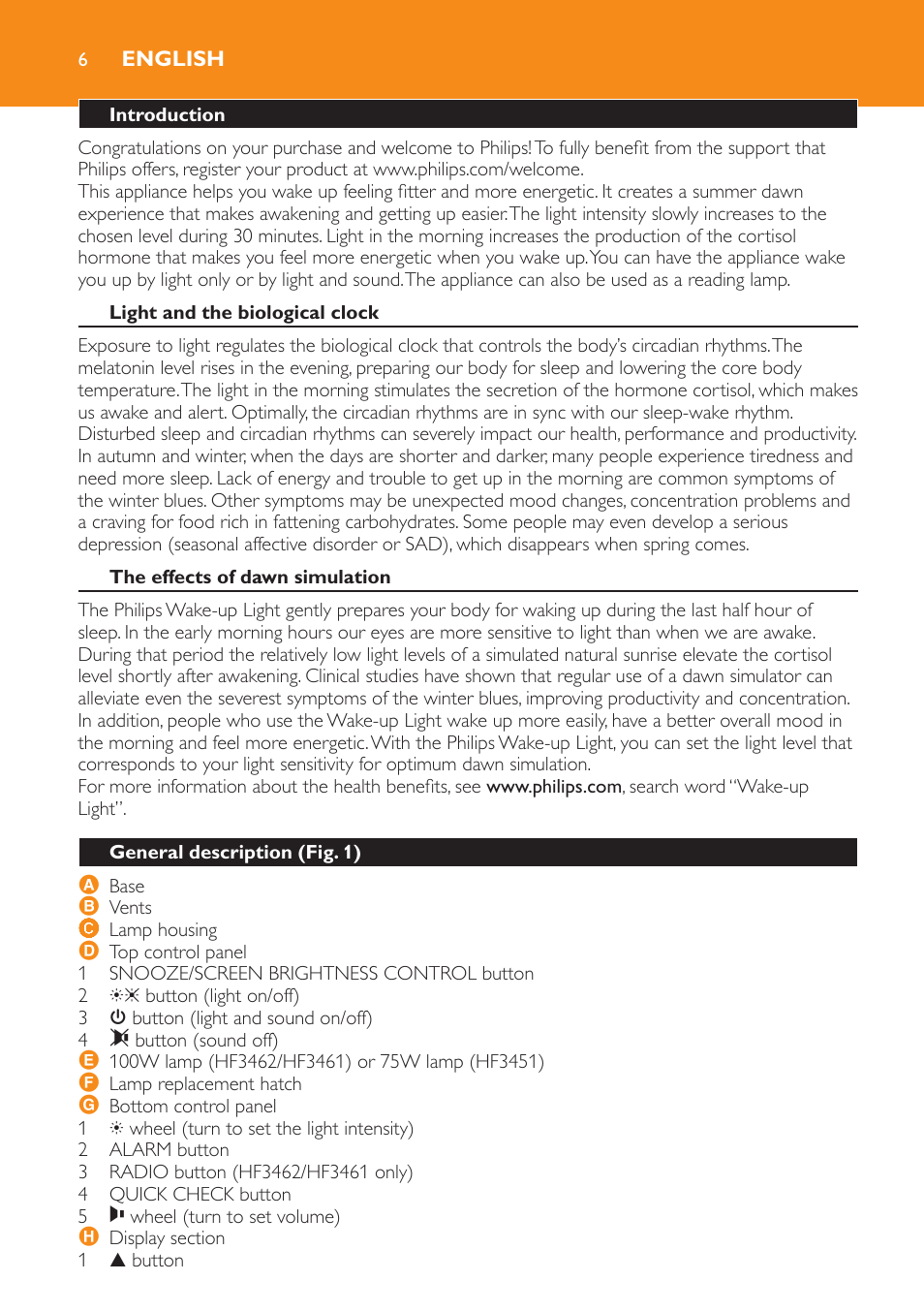 English, Introduction, Light and the biological clock | The effects of dawn simulation, General description (fig. 1) | Philips Wake-up Light User Manual | Page 6 / 52