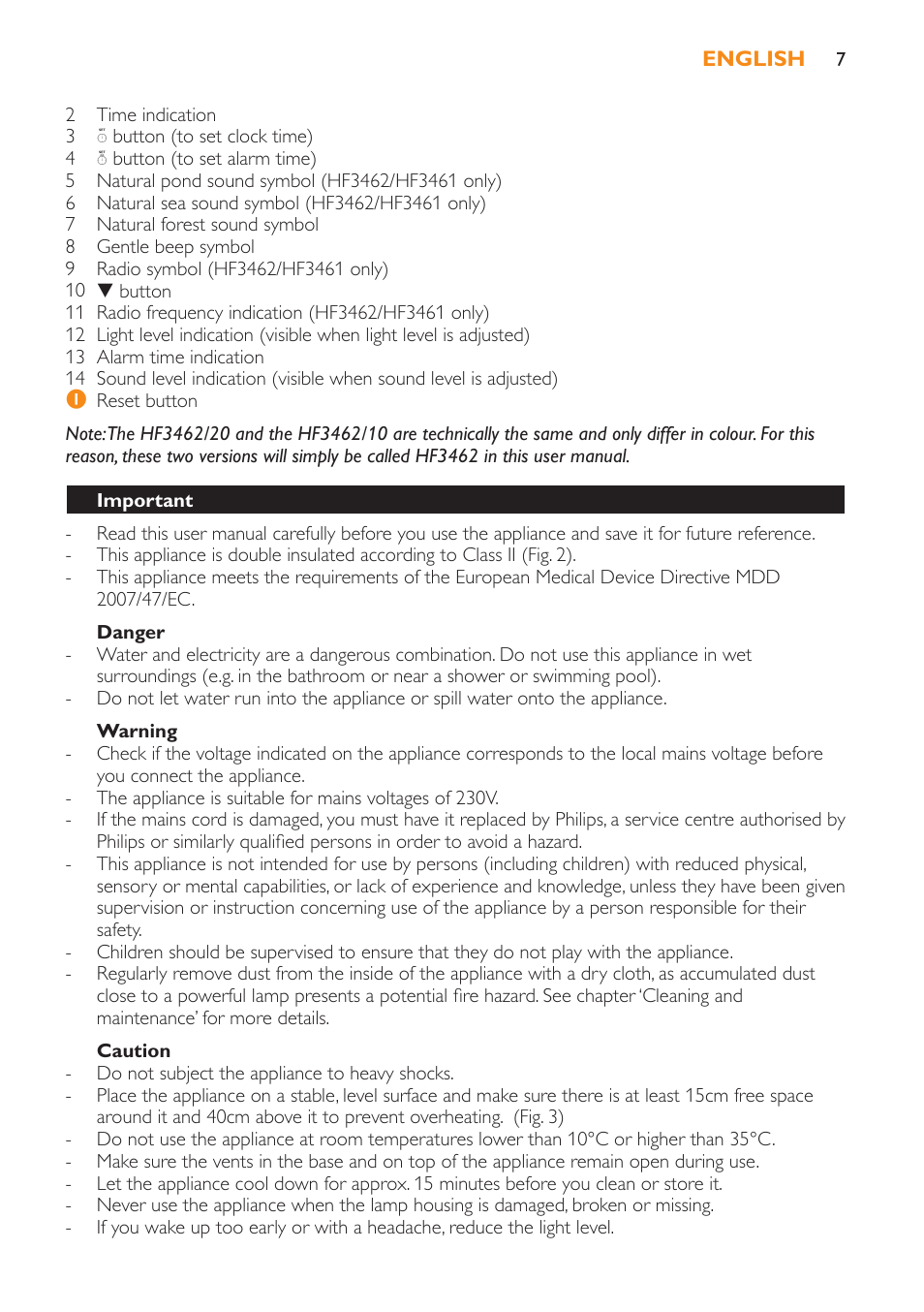 Danger, Warning, Caution | Important | Philips Wake-up Light User Manual | Page 7 / 52