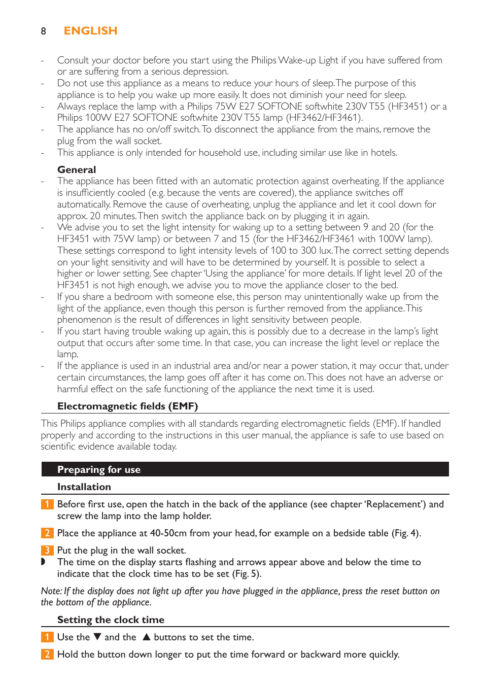 General, Electromagnetic fields (emf), Preparing for use | Installation, Setting the clock time | Philips Wake-up Light User Manual | Page 8 / 52