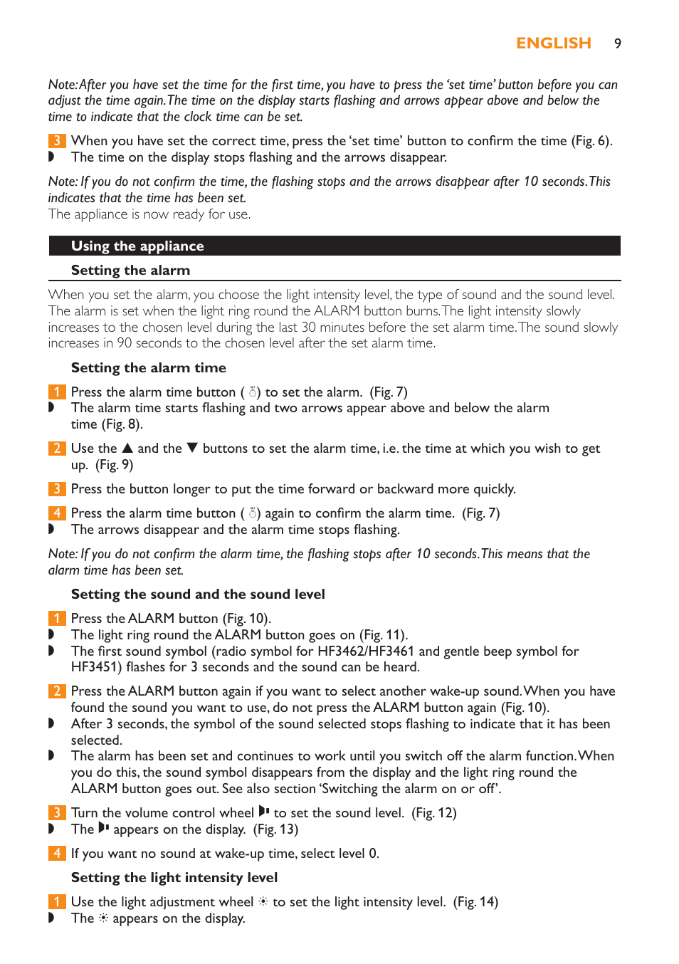 Using the appliance, Setting the alarm, Setting the alarm time | Setting the sound and the sound level, Setting the light intensity level | Philips Wake-up Light User Manual | Page 9 / 52