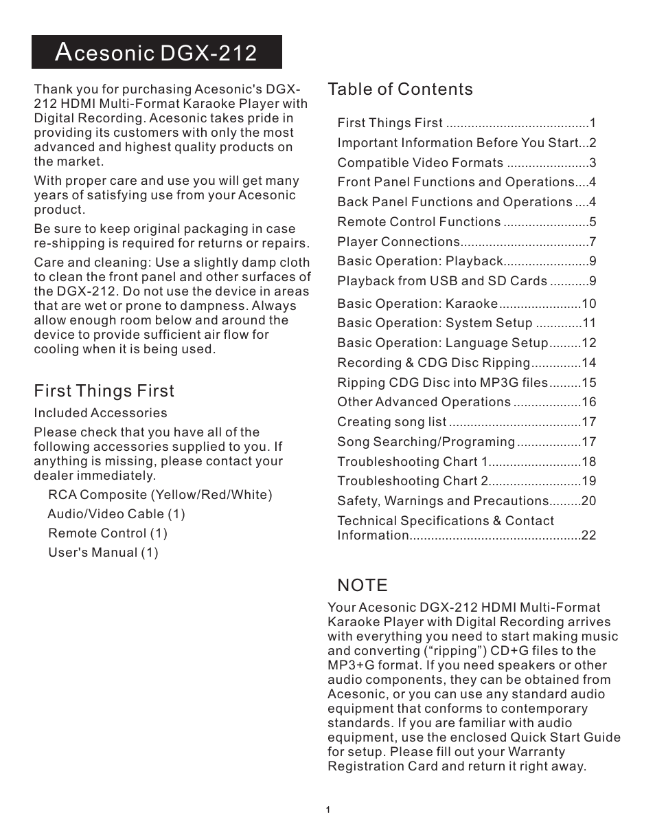 Acesonic DGX-212 User Manual | Page 2 / 23