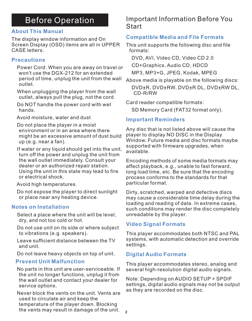 Before operation, Important information before you start | Acesonic DGX-212 User Manual | Page 3 / 23