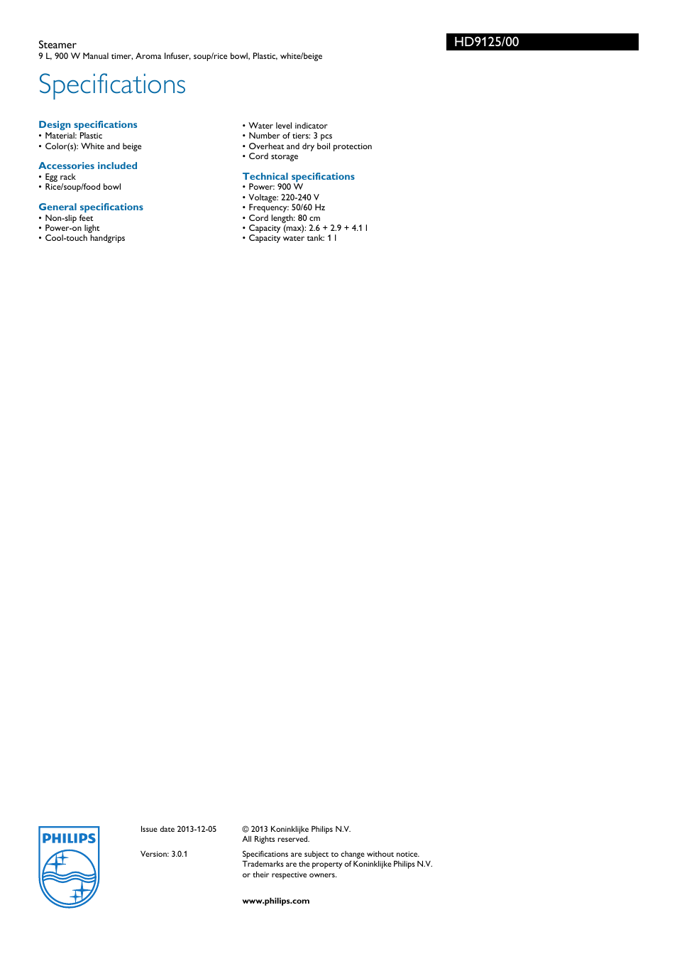 Specifications | Philips Daily Collection Dampfgarer User Manual | Page 3 / 3