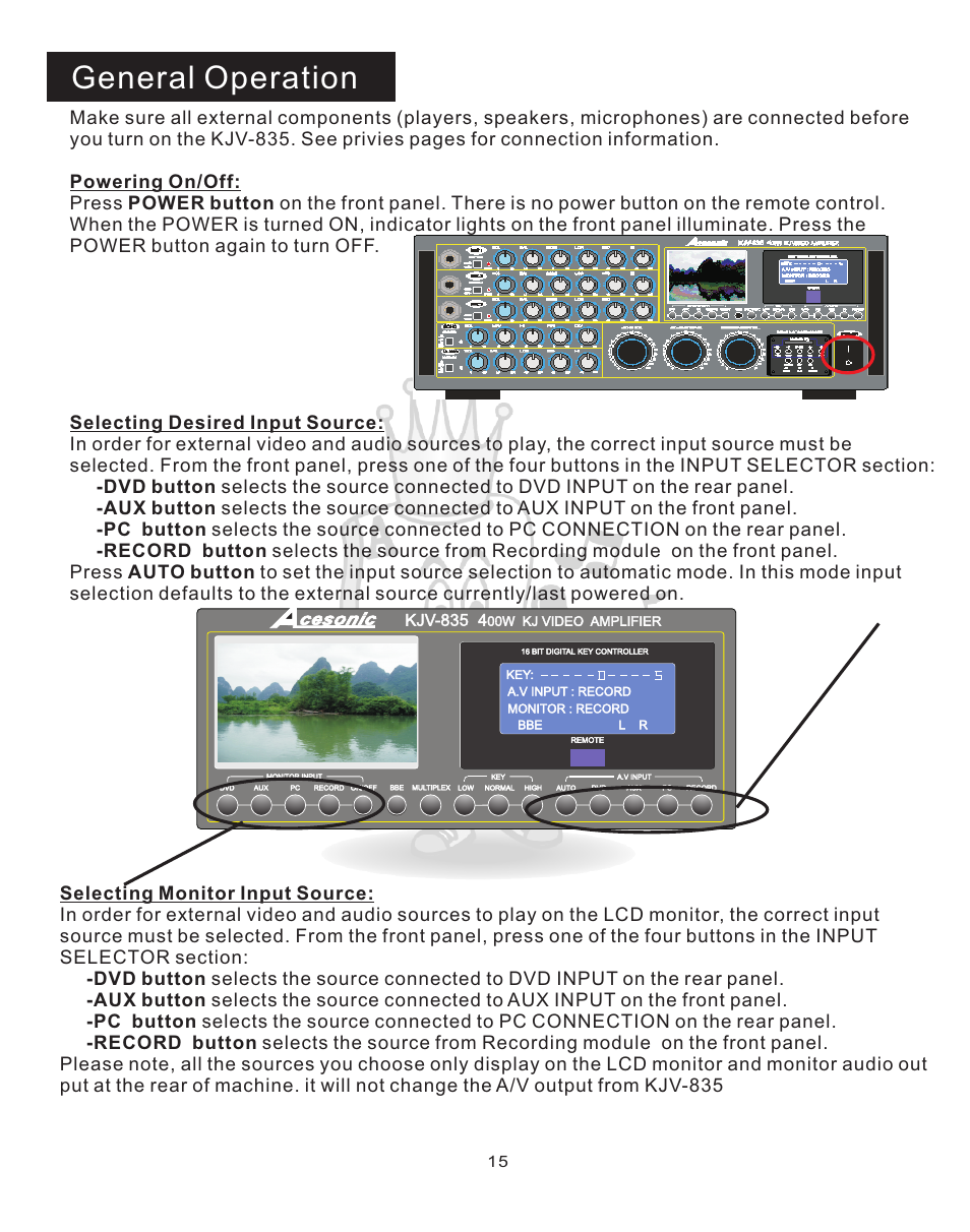 Gen op 1, General operation, Cesonic | Kjv-835 4 | Acesonic KJV-835 User Manual | Page 15 / 20