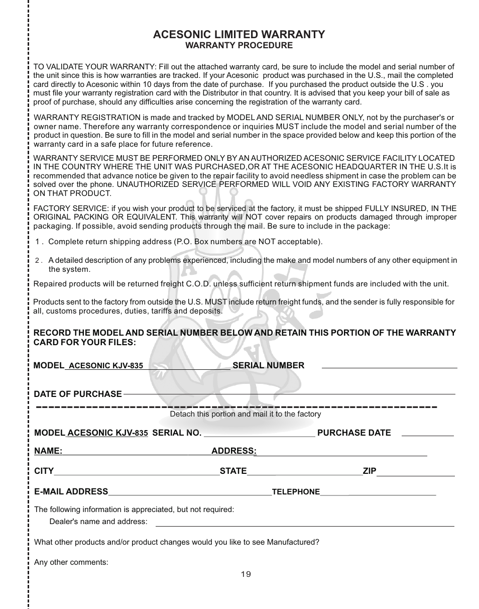 Wp12, Acesonic limited warranty | Acesonic KJV-835 User Manual | Page 19 / 20