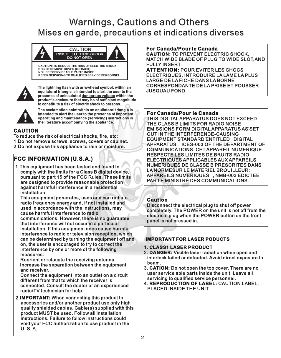 Warning, Warnings, cautions and others | Acesonic KJV-835 User Manual | Page 2 / 20