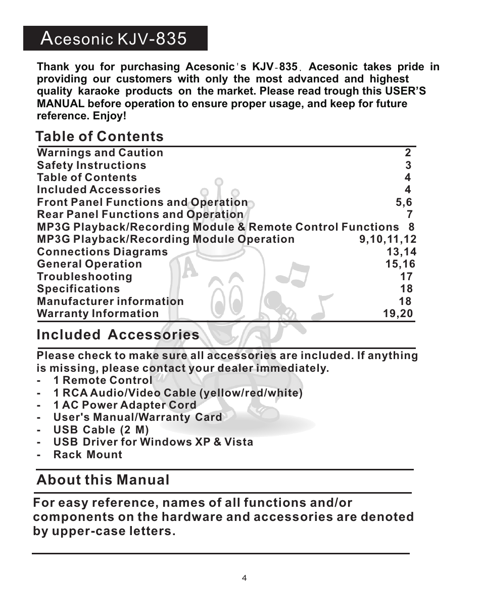 Acesonic KJV-835 User Manual | Page 4 / 20