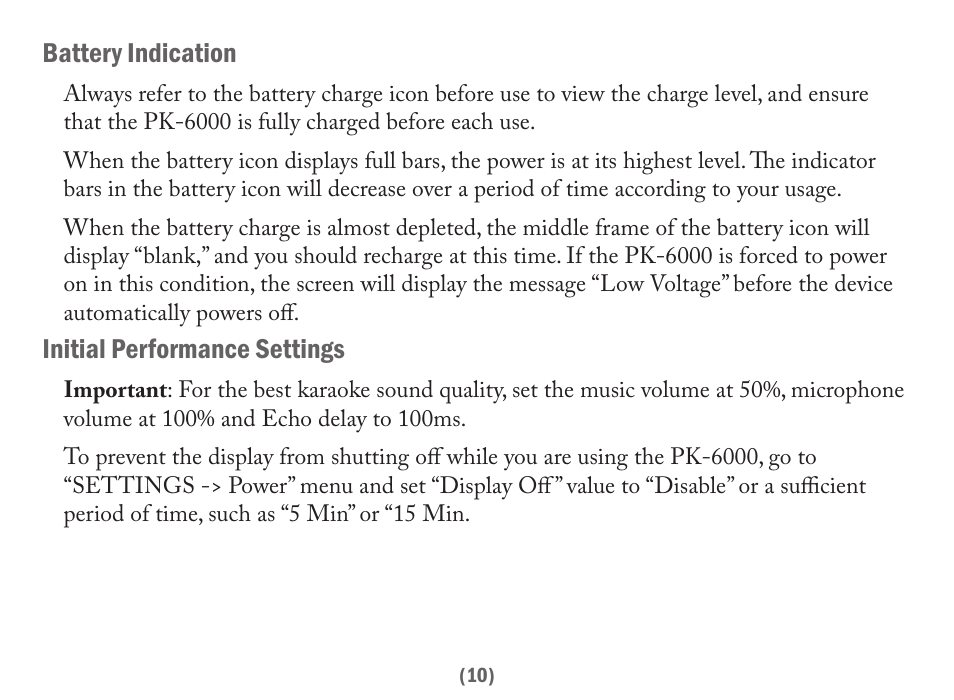 Battery indication, Initial performance settings | Acesonic PK-6000 User Manual | Page 10 / 46