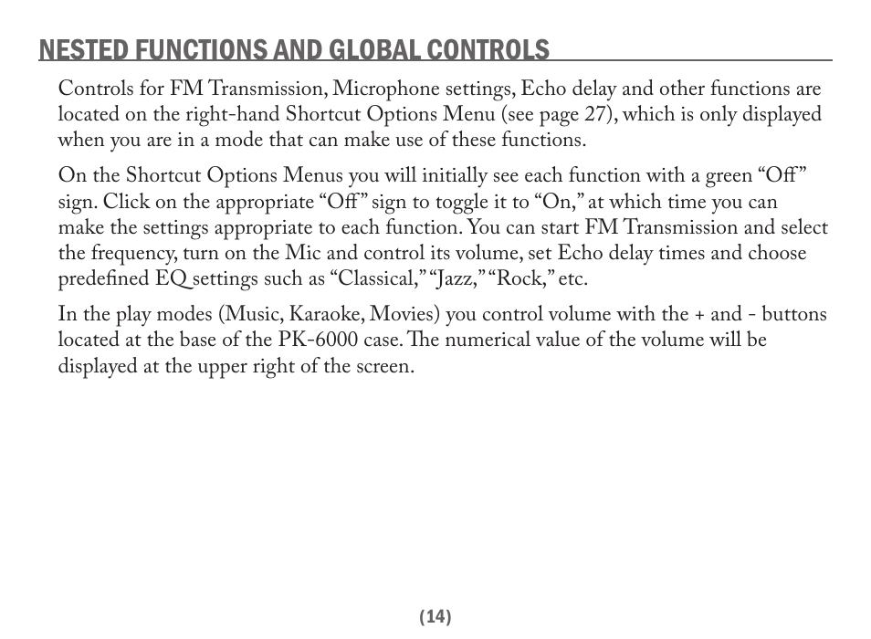 Nested functions and global controls | Acesonic PK-6000 User Manual | Page 14 / 46