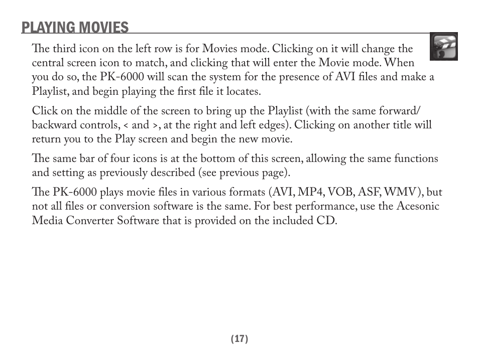 Playing movies | Acesonic PK-6000 User Manual | Page 17 / 46