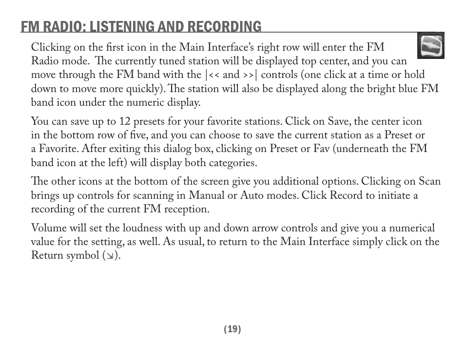 Fm radio: listening and recording | Acesonic PK-6000 User Manual | Page 19 / 46