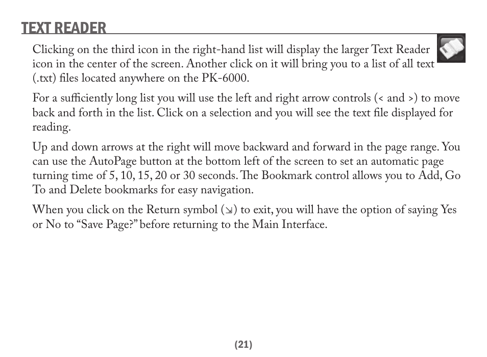Text reader | Acesonic PK-6000 User Manual | Page 21 / 46