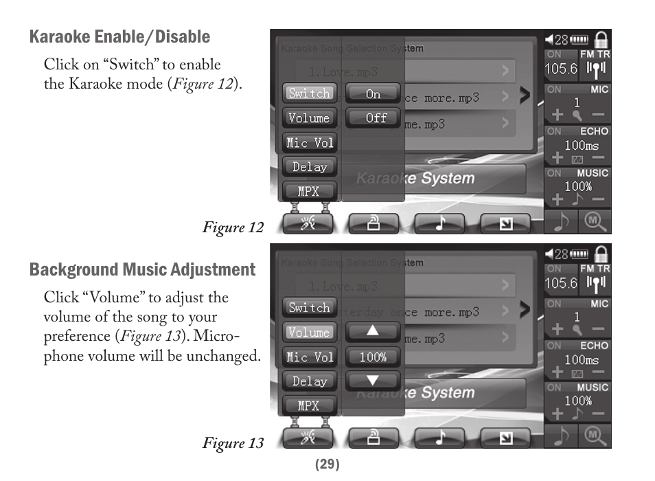 Karaoke enable/disable, Background music adjustment | Acesonic PK-6000 User Manual | Page 29 / 46