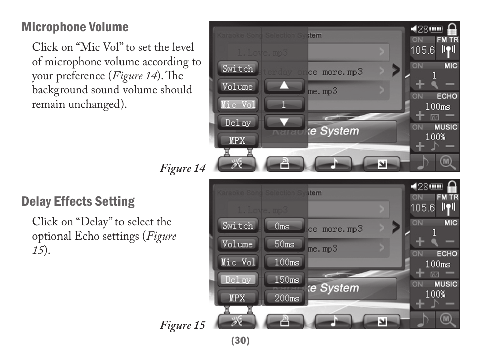 Microphone volume, Delay effects setting | Acesonic PK-6000 User Manual | Page 30 / 46