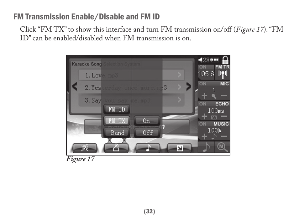 Fm transmission enable/disable and fm id | Acesonic PK-6000 User Manual | Page 32 / 46