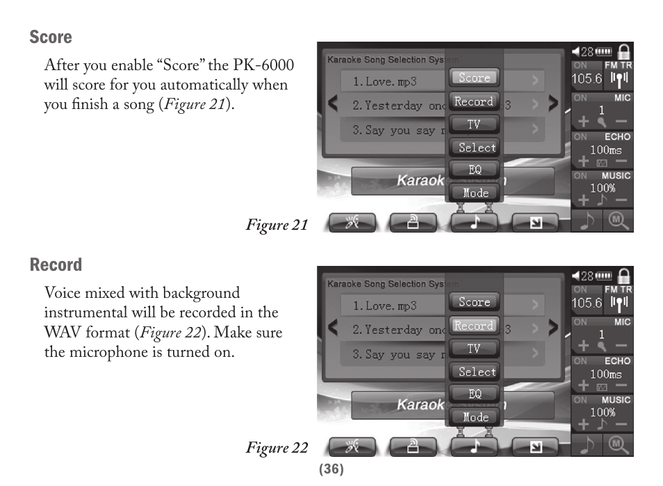 Score, Record | Acesonic PK-6000 User Manual | Page 36 / 46