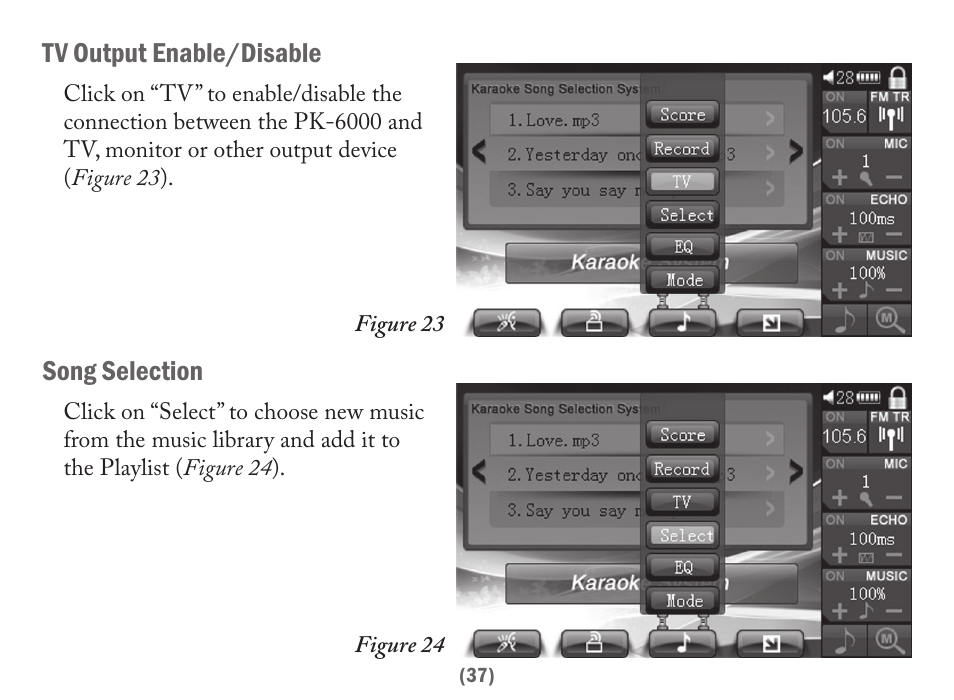 Tv output enable/disable, Song selection | Acesonic PK-6000 User Manual | Page 37 / 46