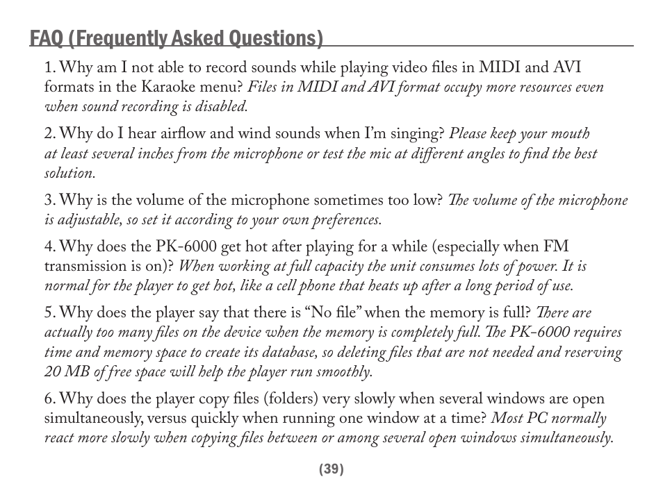 Faq (frequently asked questions) | Acesonic PK-6000 User Manual | Page 39 / 46