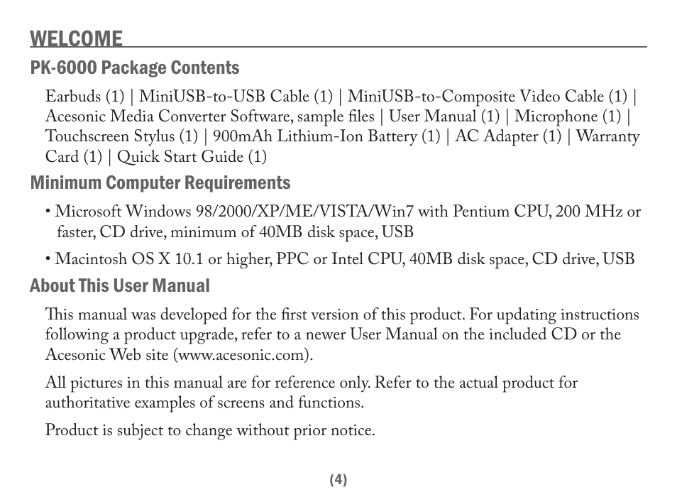 Welcome, Pk-6000 package contents, Minimum computer requirements | About this user manual | Acesonic PK-6000 User Manual | Page 4 / 46