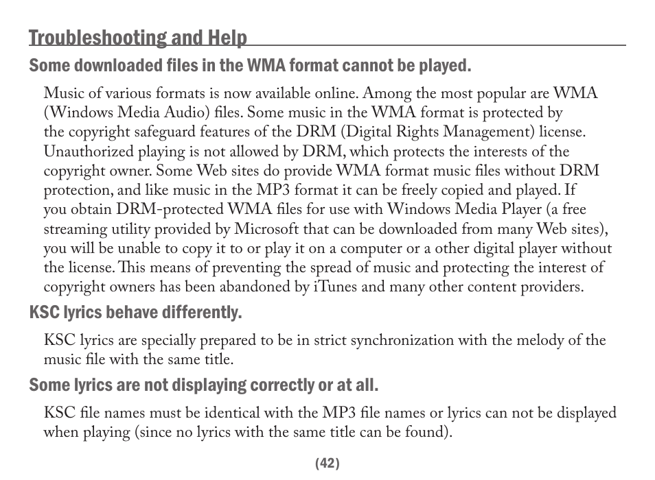 Troubleshooting and help, Ksc lyrics behave differently, Some lyrics are not displaying correctly or at all | Acesonic PK-6000 User Manual | Page 42 / 46
