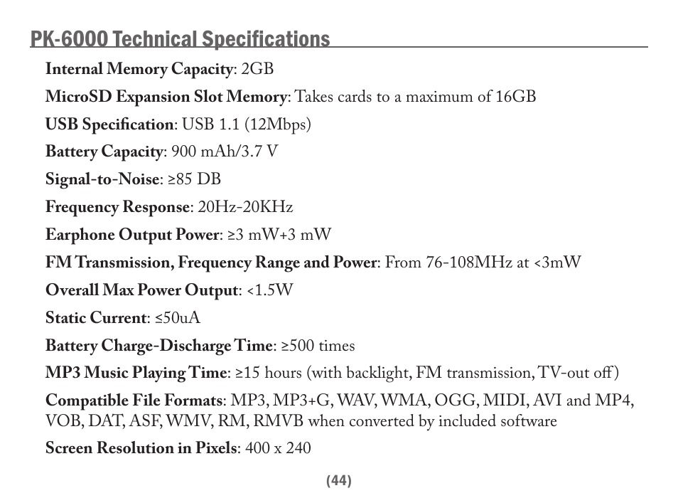 Pk-6000 technical specifications | Acesonic PK-6000 User Manual | Page 44 / 46